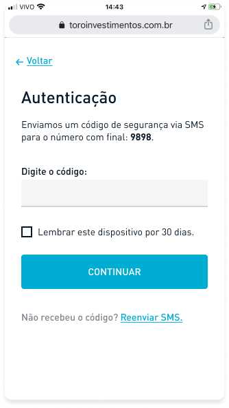 Fluxo de autenticação por código de segurança